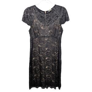 L’Agence Sheer Black Silver Lace Sheath Dress w/ Tan Silk Slip Short Sleeve 10